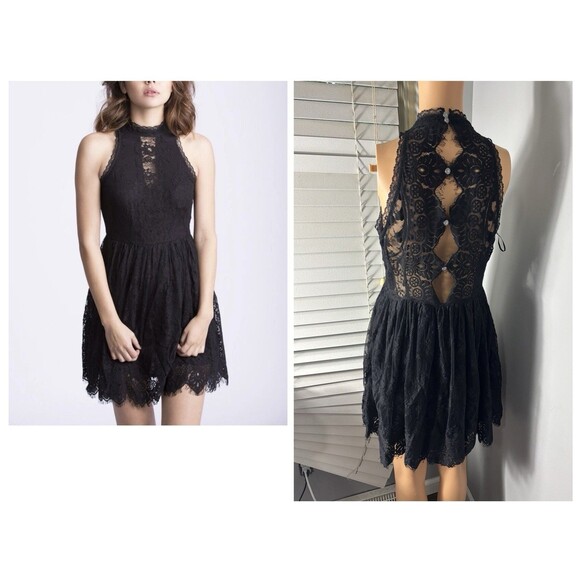 Free People Cotton Lace Verushka Mini Dress Black Halter High Neck Sz 4 - Picture 1 of 14